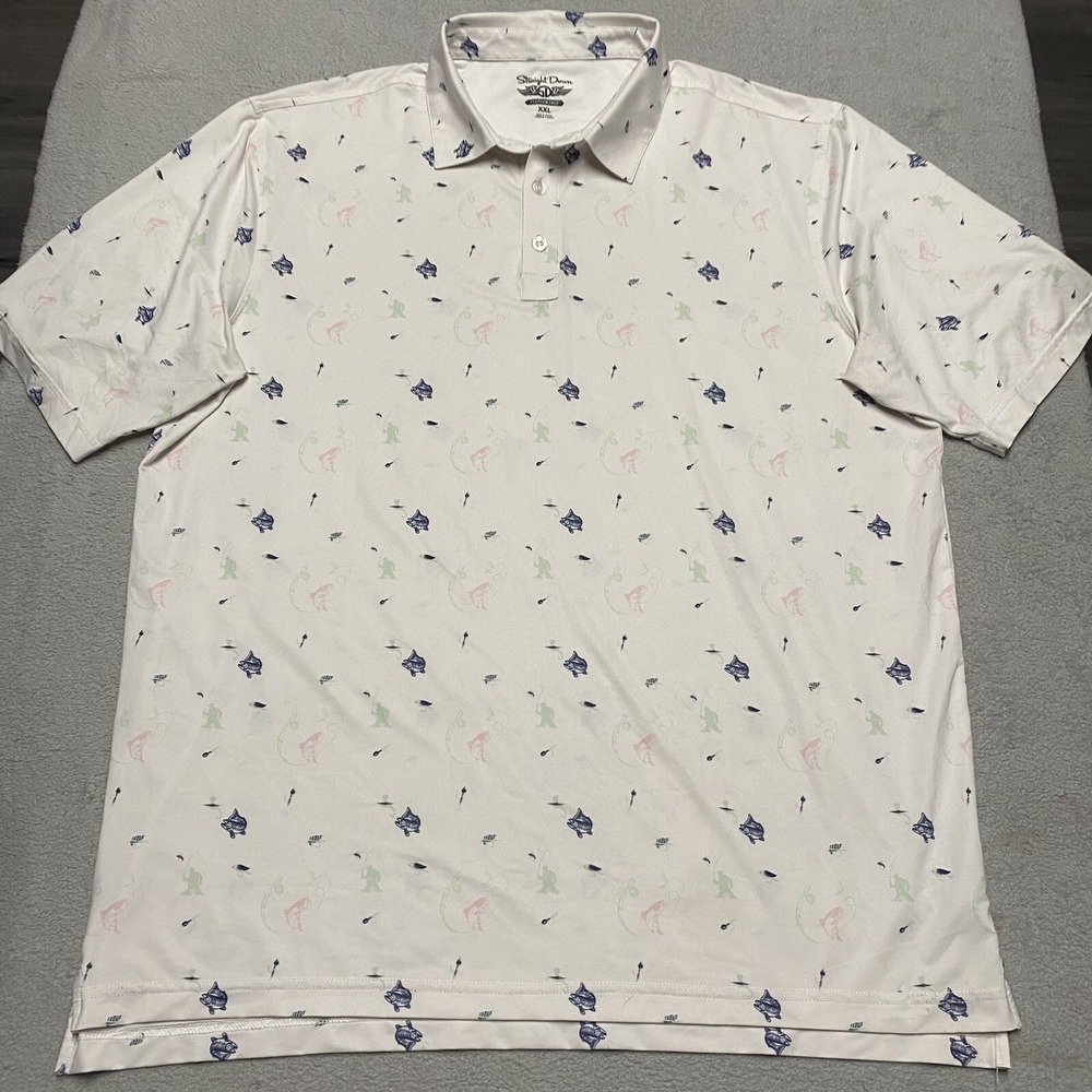 Straight Down Polo Shirt Mens XXL White Fly Fishing AOP Performance Golf